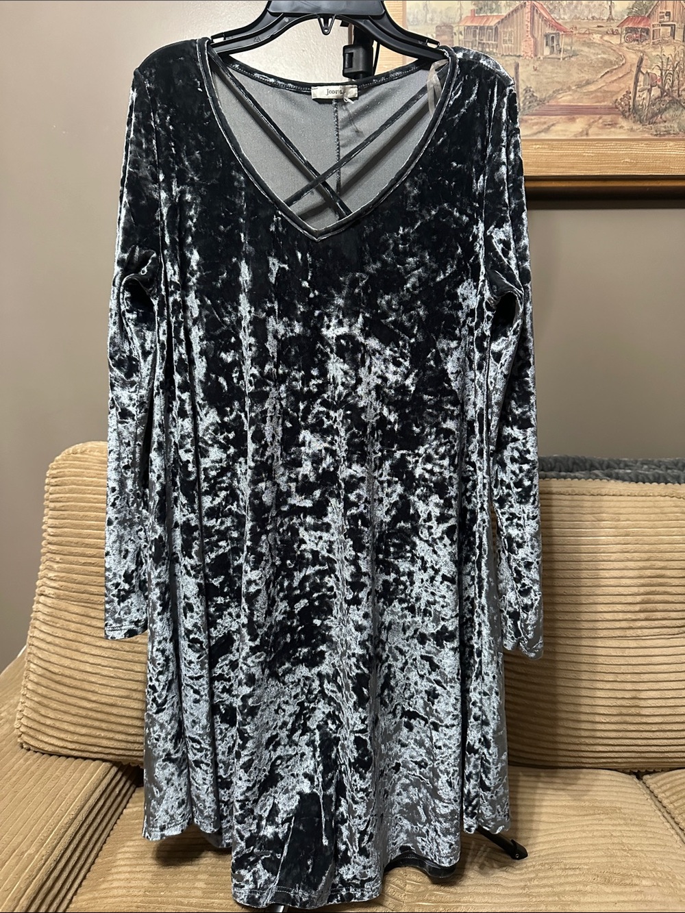 JODIFL Blue Gray Crushed Velvet V‑Neck Long Sleeve Dress